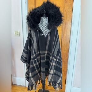 Zara Black and Beige Plaid Hooded Poncho